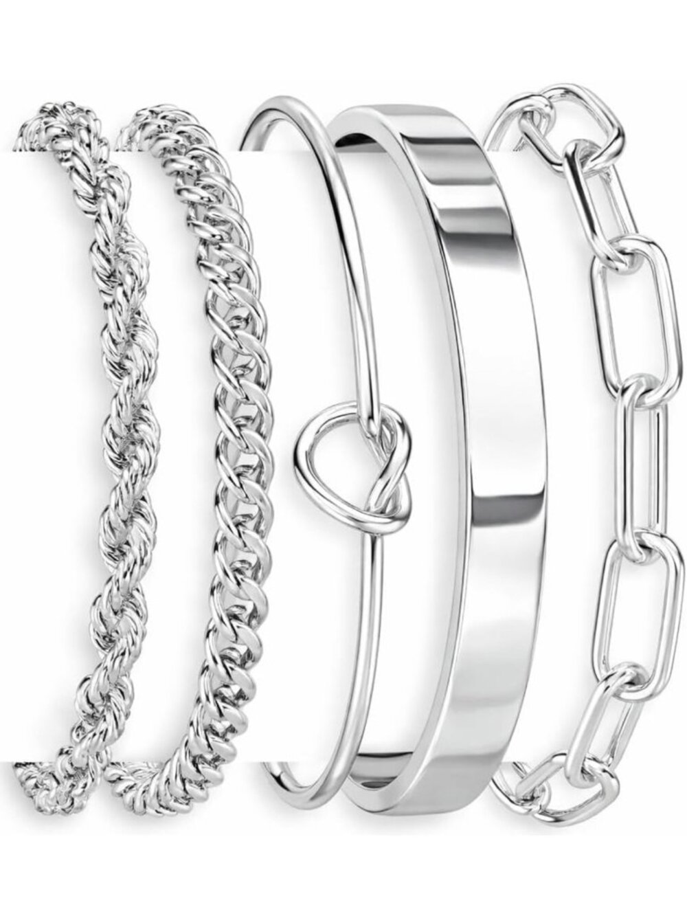 Waterproof Sterling Silver Cuff Bangle Bracelet Set - Chunky Heart & Infinity